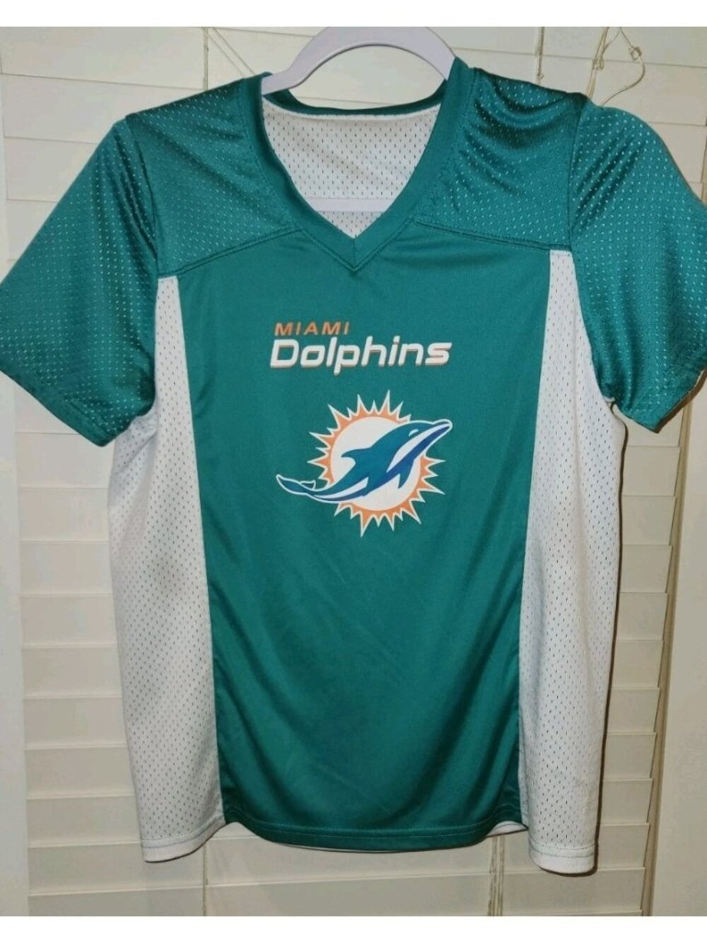 Miami Dolphins Kids Flag Football Jersey White Teal Reversible LARGE w/defect